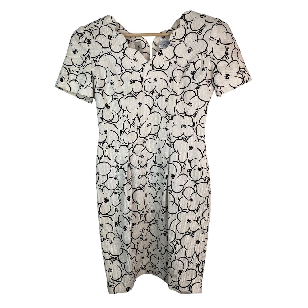 Vintage Ms Chaus Women's 4P White Black Floral‎ Scalloped Neck Sheath Dress *
